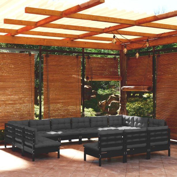 13-tlg. Garten-Lounge-Set mit Grauen Kissen Kiefer Massivholz