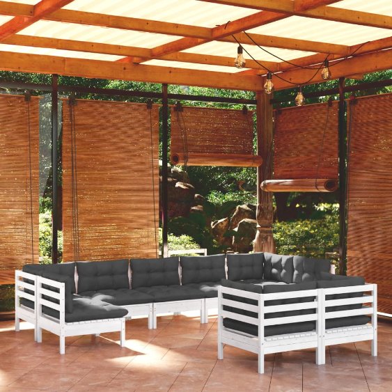 9-tlg. Garten-Lounge-Set mit Grauen Kissen Kiefer Massivholz