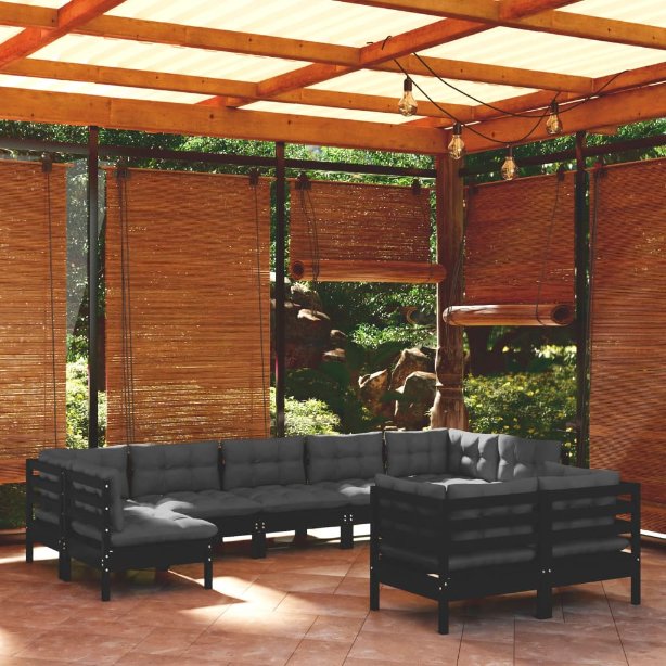 9-tlg. Garten-Lounge-Set mit Grauen Kissen Kiefer Massivholz
