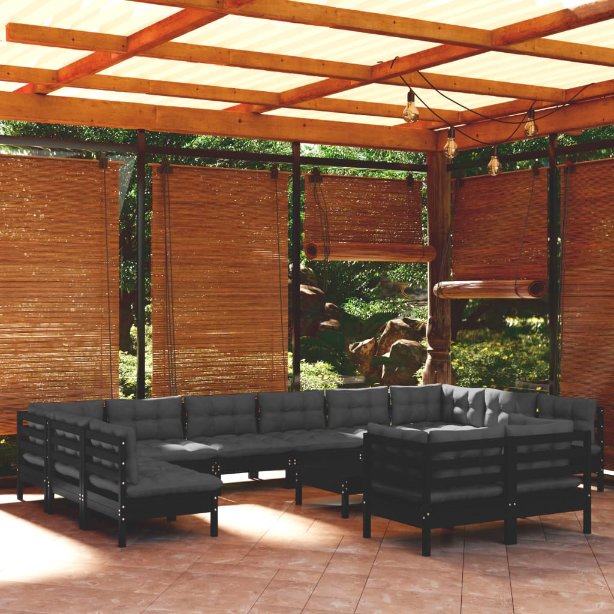13-tlg. Garten-Lounge-Set mit Grauen Kissen Kiefernholz