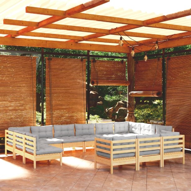 13-tlg. Garten-Lounge-Set mit Grauen Kissen Kiefernholz