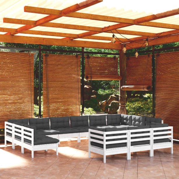 13-tlg. Garten-Lounge-Set mit Grauen Kissen Kiefernholz