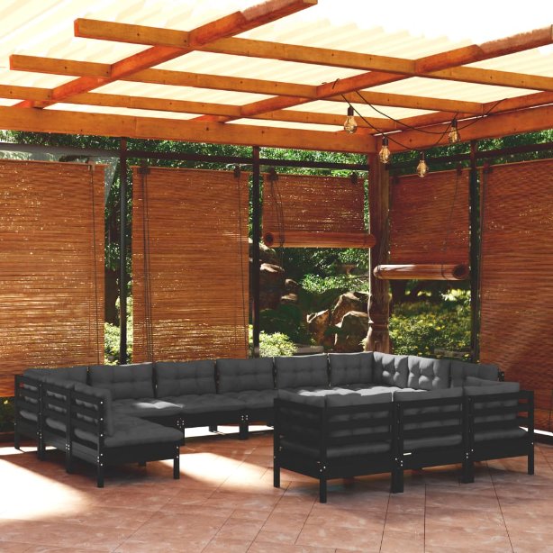 13-tlg. Garten-Lounge-Set mit Grauen Kissen Kiefernholz