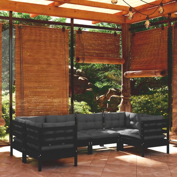 6-tlg. Garten-Lounge-Set mit Grauen Kissen Kiefernholz