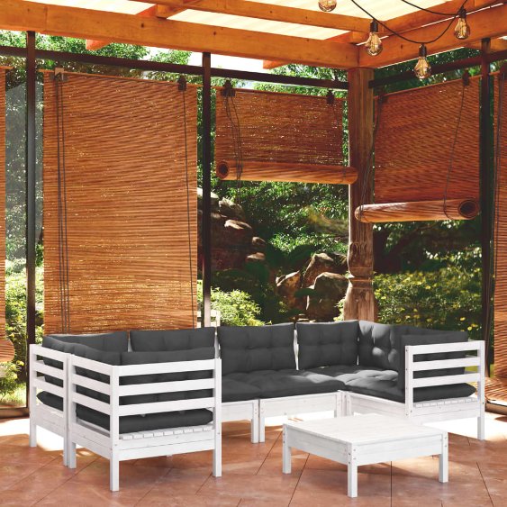 7-tlg. Garten-Lounge-Set mit Grauen Kissen Kiefernholz