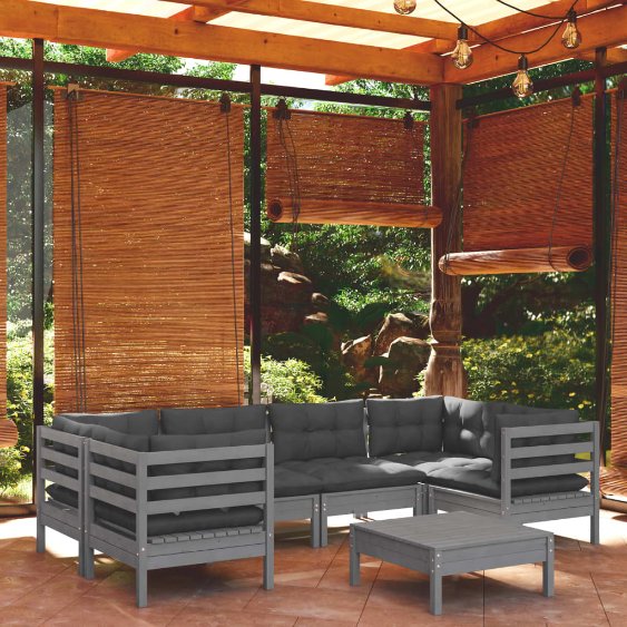 7-tlg. Garten-Lounge-Set mit Grauen Kissen Kiefernholz