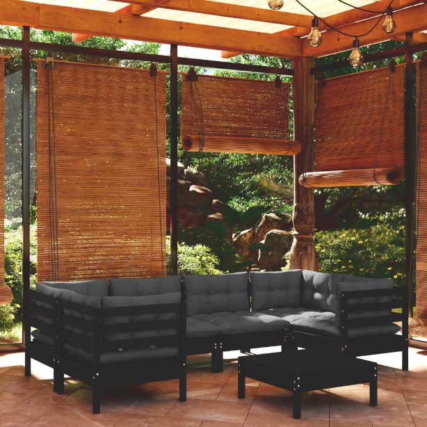 7-tlg. Garten-Lounge-Set mit Grauen Kissen Kiefernholz