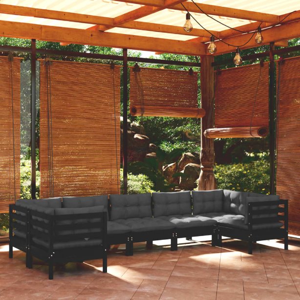 7-tlg. Garten-Lounge-Set mit Grauen Kissen Kiefernholz