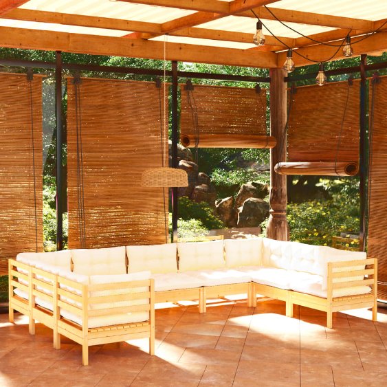 9-tlg. Garten-Lounge-Set mit Grauen Kissen Kiefernholz