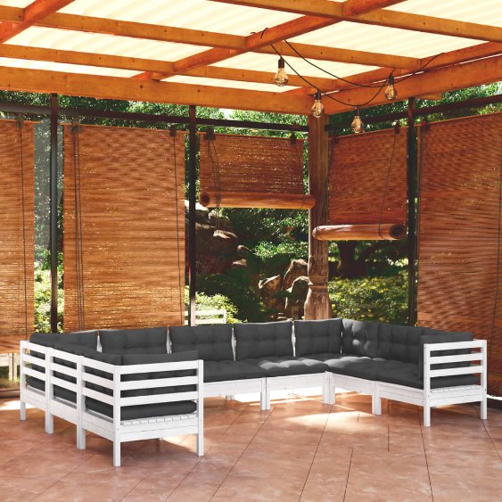 9-tlg. Garten-Lounge-Set mit Grauen Kissen Kiefernholz