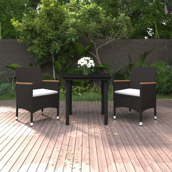 3-tlg. Garten-Essgruppe mit Auflagen Poly Rattan und Glas