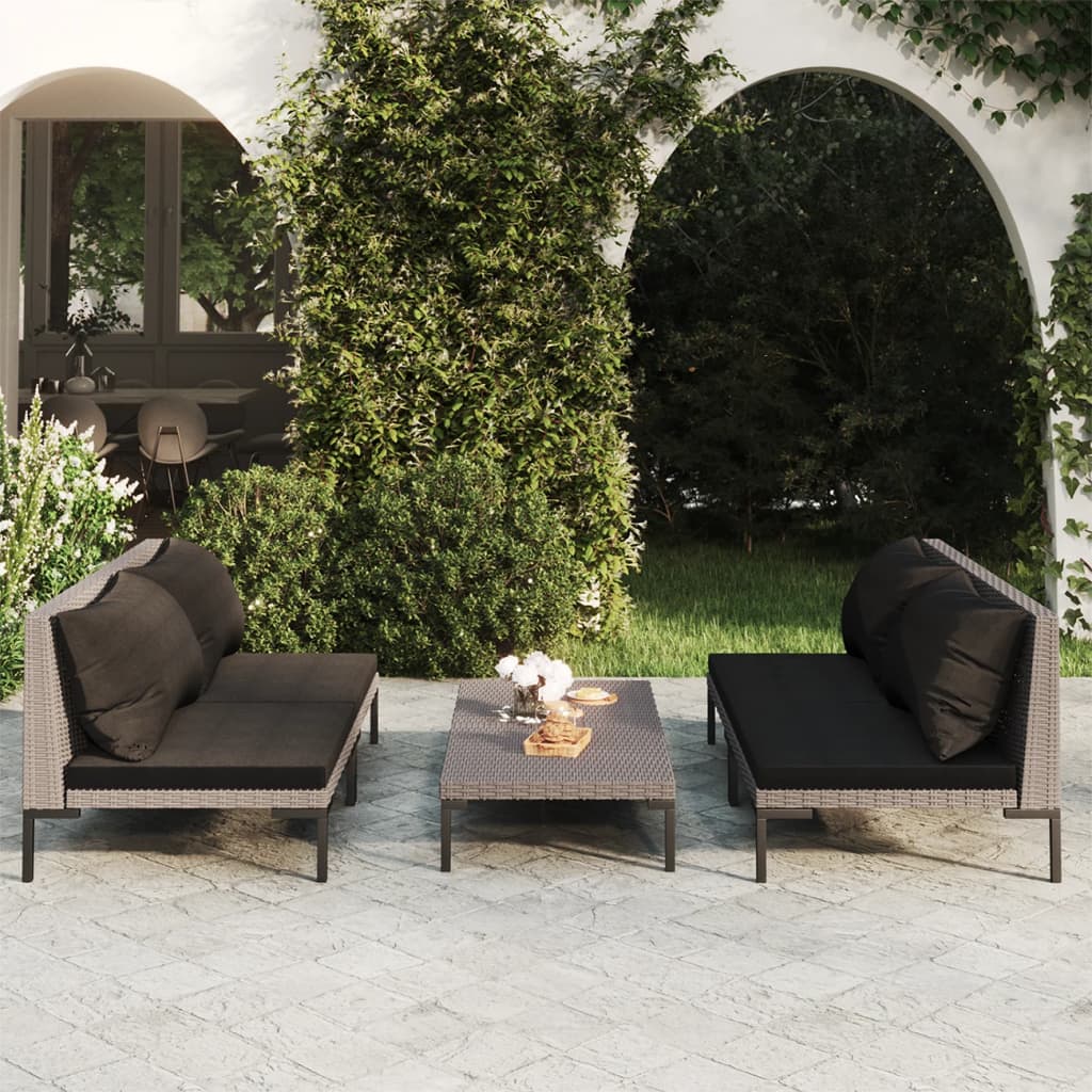 5-tlg. Garten-Lounge-Set mit Kissen Poly Rattan Dunkelgrau