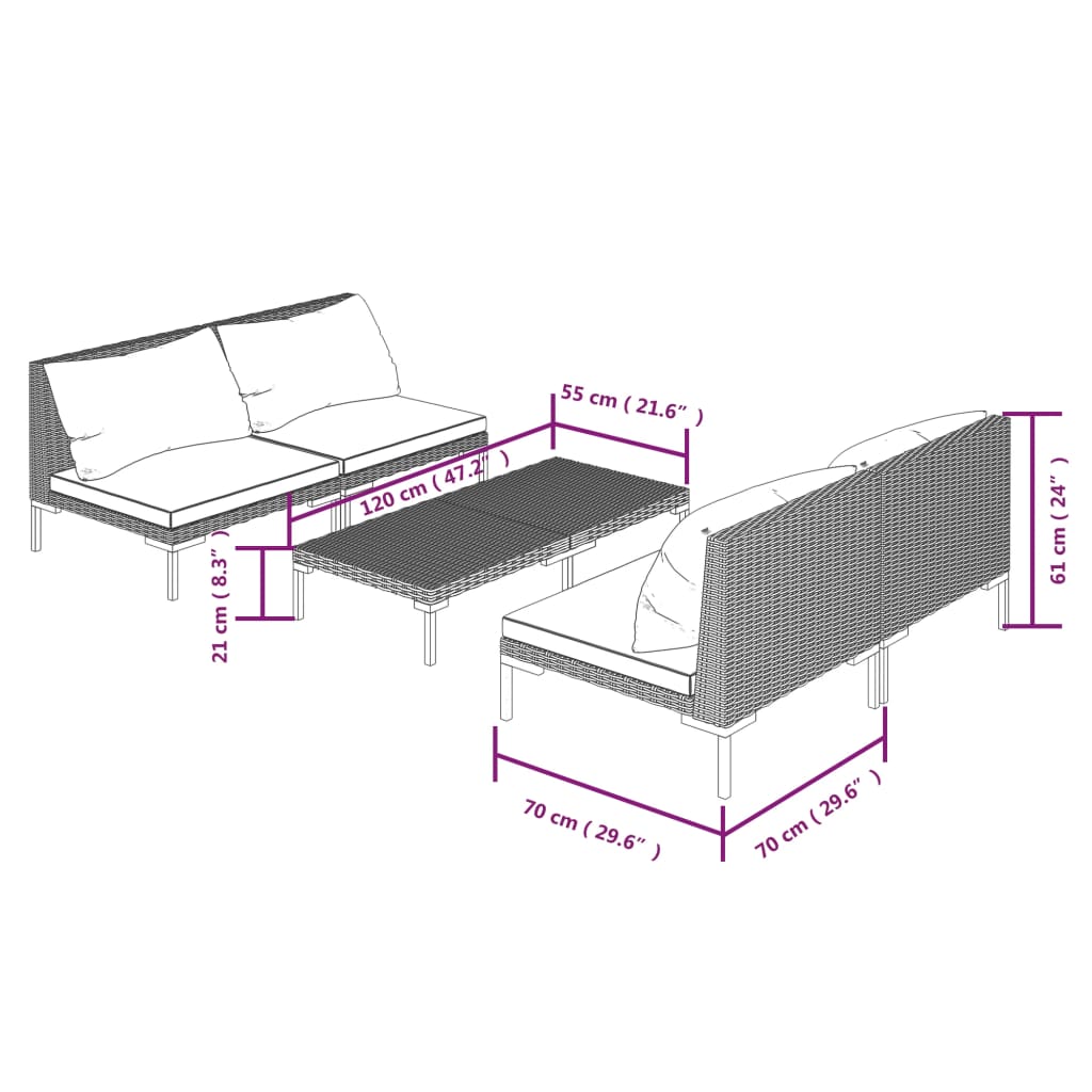 5-tlg. Garten-Lounge-Set mit Kissen Poly Rattan Dunkelgrau