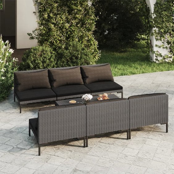 5-tlg. Garten-Lounge-Set mit Kissen Poly Rattan Dunkelgrau