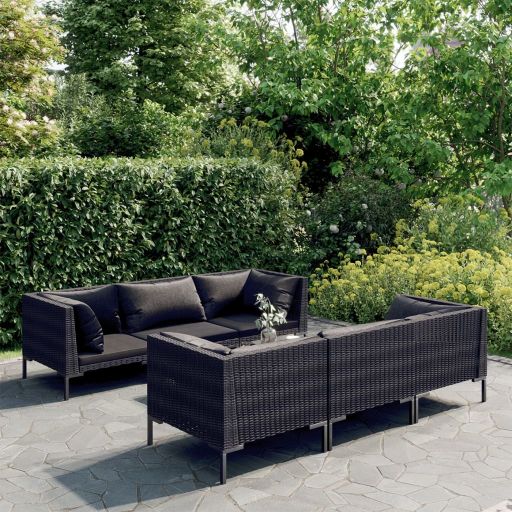 5-tlg. Garten-Lounge-Set mit Kissen Poly Rattan Dunkelgrau