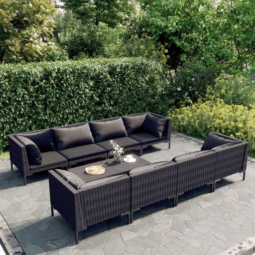5-tlg. Garten-Lounge-Set mit Kissen Poly Rattan Dunkelgrau