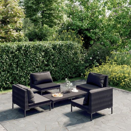4-tlg. Garten-Lounge-Set mit Kissen Poly Rattan Dunkelgrau