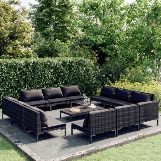 4-tlg. Garten-Lounge-Set mit Kissen Poly Rattan Dunkelgrau