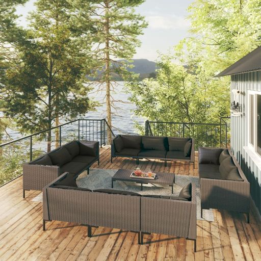 4-tlg. Garten-Lounge-Set mit Kissen Poly Rattan Dunkelgrau