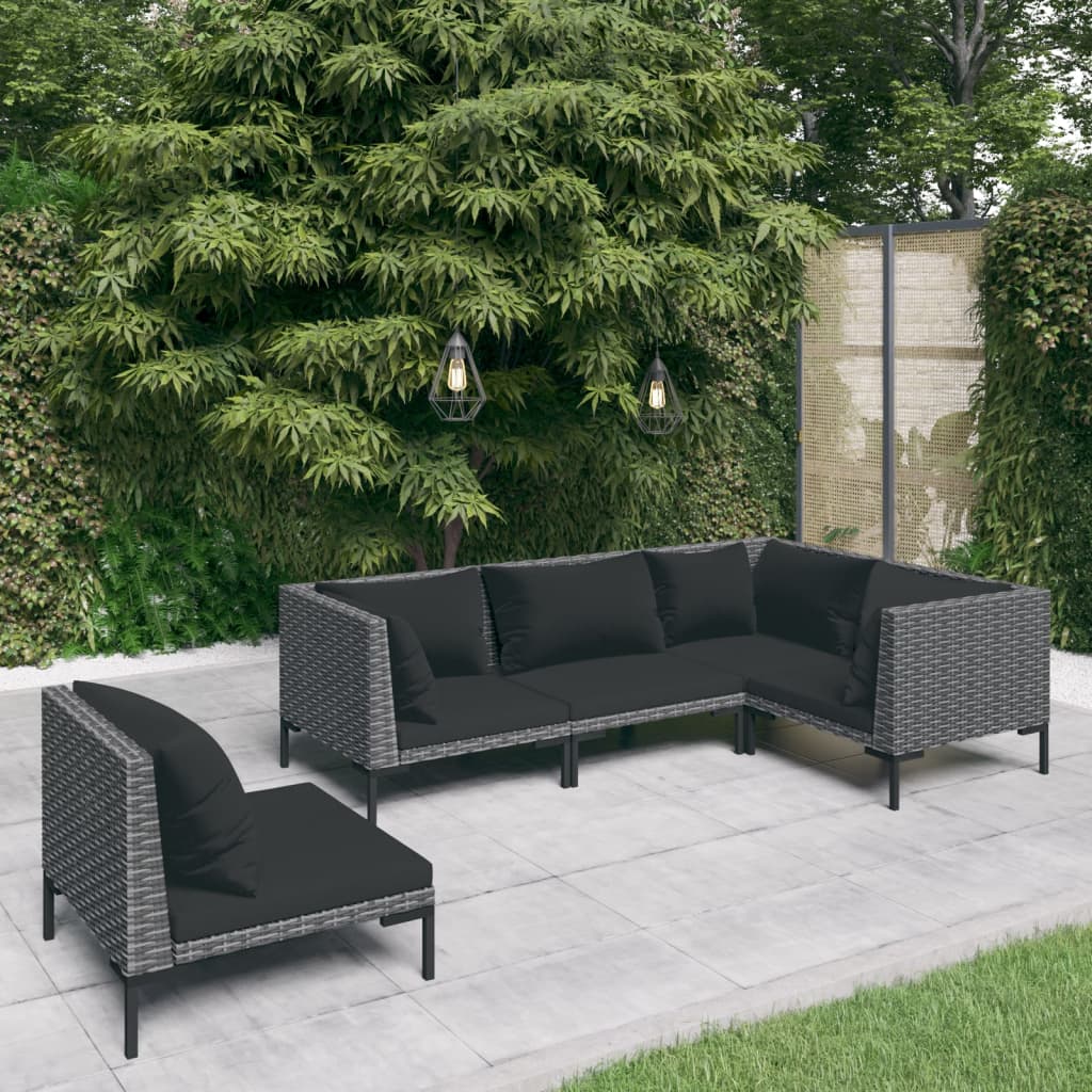5-tlg. Garten-Lounge-Set mit Kissen Poly Rattan Dunkelgrau