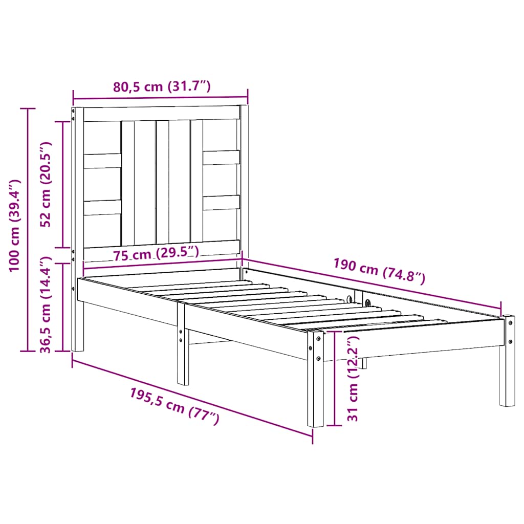 vidaXL Massivholzbett 75x190 cm