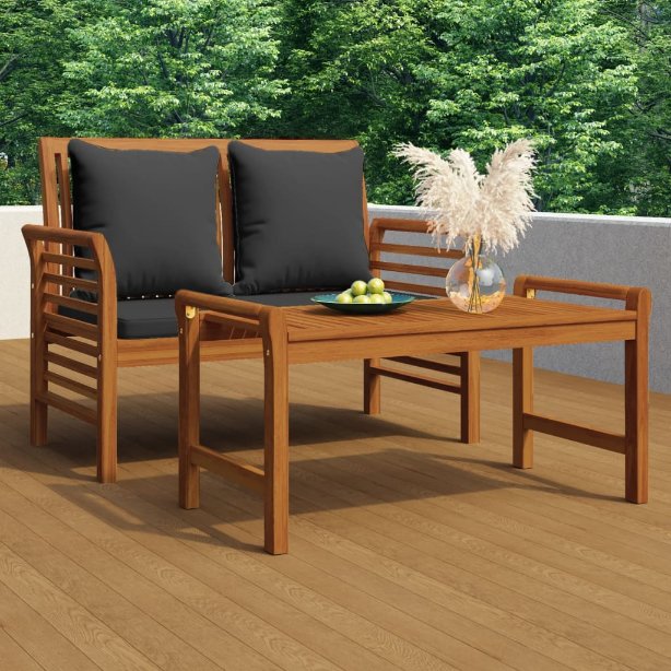 2-tlg. Garten-Lounge-Set mit Cremeweißen Kissen Massivholz