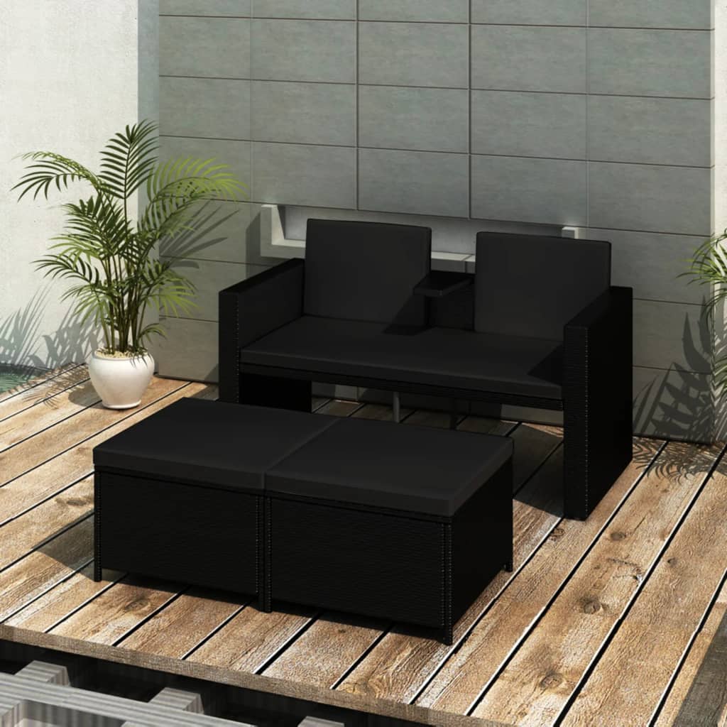 3-tlg. Garten-Lounge-Set mit Auflagen Poly Rattan Grau