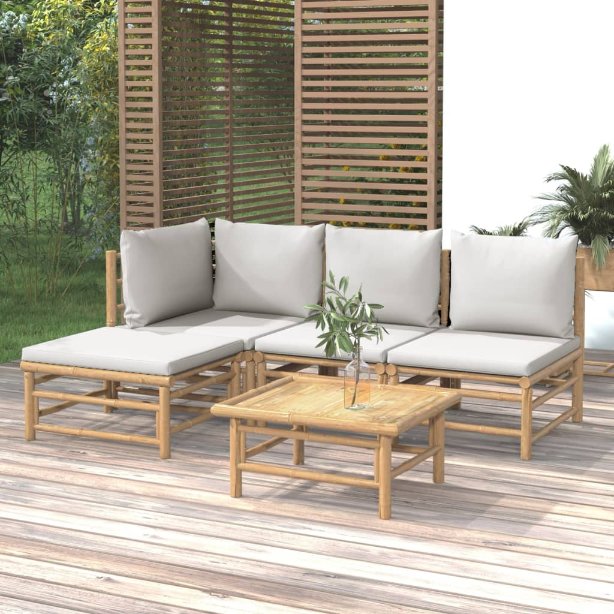 6-tlg. Garten-Lounge-Set mit Hellgrauen Kissen Bambus