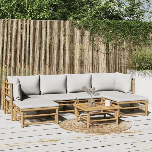 6-tlg. Garten-Lounge-Set mit Hellgrauen Kissen Bambus