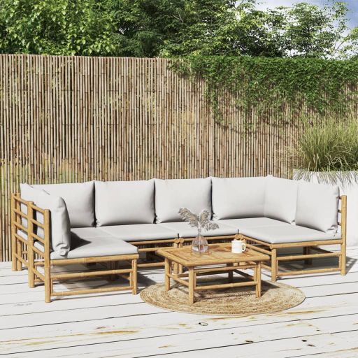 6-tlg. Garten-Lounge-Set mit Hellgrauen Kissen Bambus