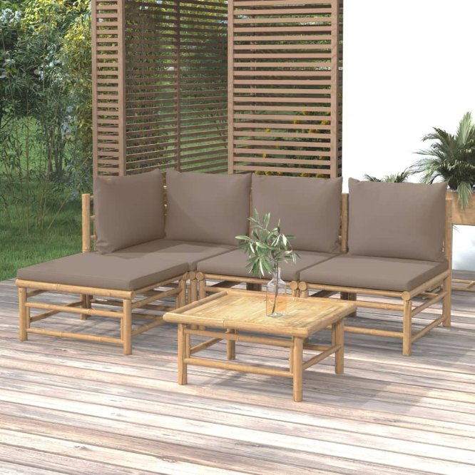 6-tlg. Garten-Lounge-Set mit Hellgrauen Kissen Bambus