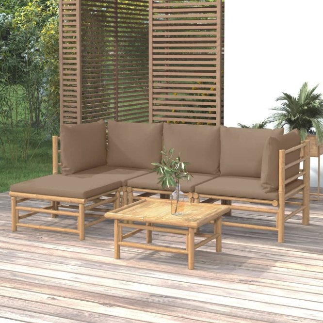 6-tlg. Garten-Lounge-Set mit Hellgrauen Kissen Bambus