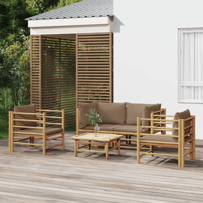 6-tlg. Garten-Lounge-Set mit Hellgrauen Kissen Bambus