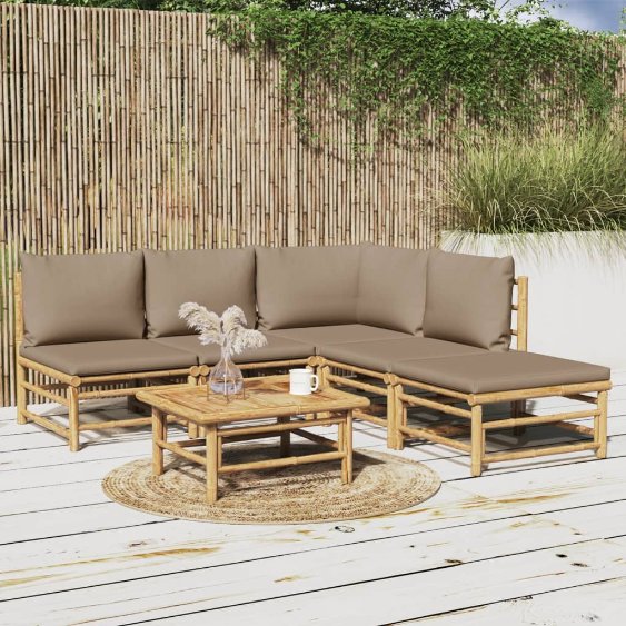 6-tlg. Garten-Lounge-Set mit Hellgrauen Kissen Bambus