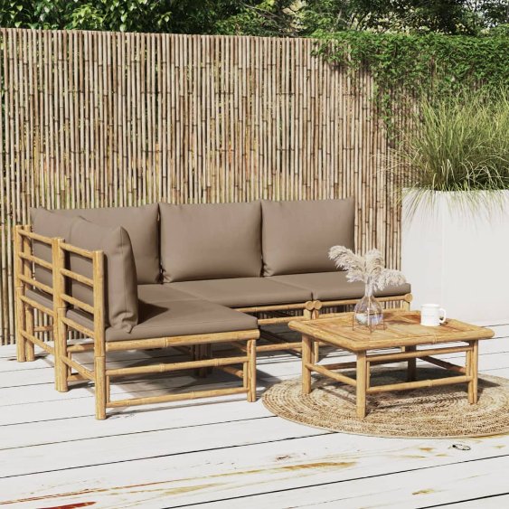 6-tlg. Garten-Lounge-Set mit Hellgrauen Kissen Bambus
