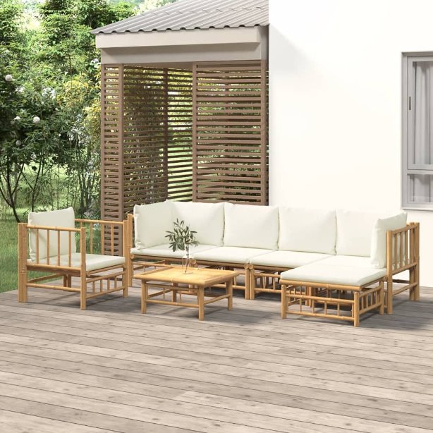 6-tlg. Garten-Lounge-Set mit Cremeweißen Kissen Bambus