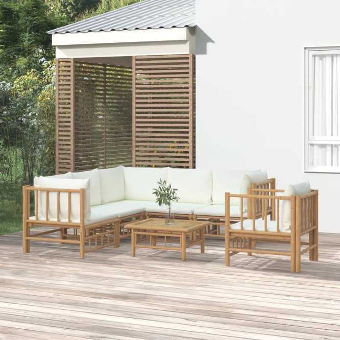 6-tlg. Garten-Lounge-Set mit Cremeweißen Kissen Bambus
