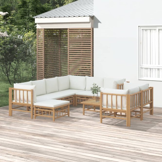 6-tlg. Garten-Lounge-Set mit Cremeweißen Kissen Bambus
