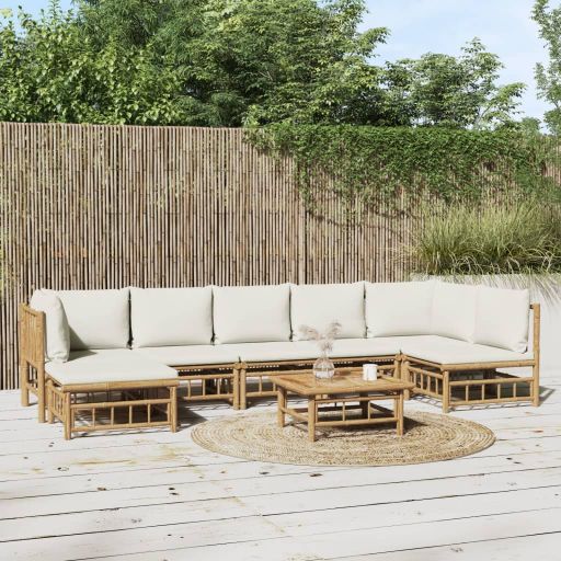 6-tlg. Garten-Lounge-Set mit Cremeweißen Kissen Bambus