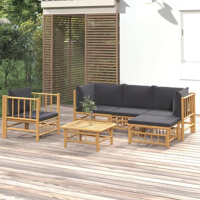 6-tlg. Garten-Lounge-Set mit Cremeweißen Kissen Bambus