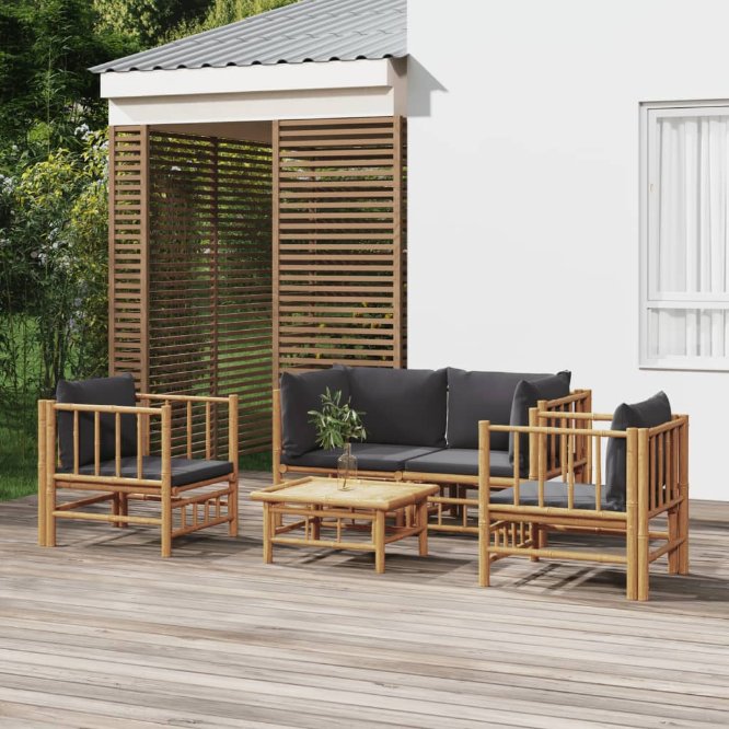 6-tlg. Garten-Lounge-Set mit Cremeweißen Kissen Bambus