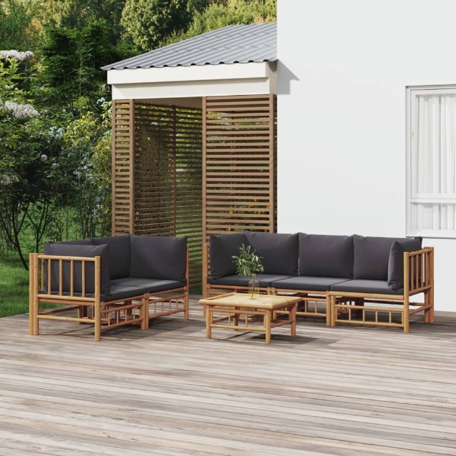 6-tlg. Garten-Lounge-Set mit Cremeweißen Kissen Bambus