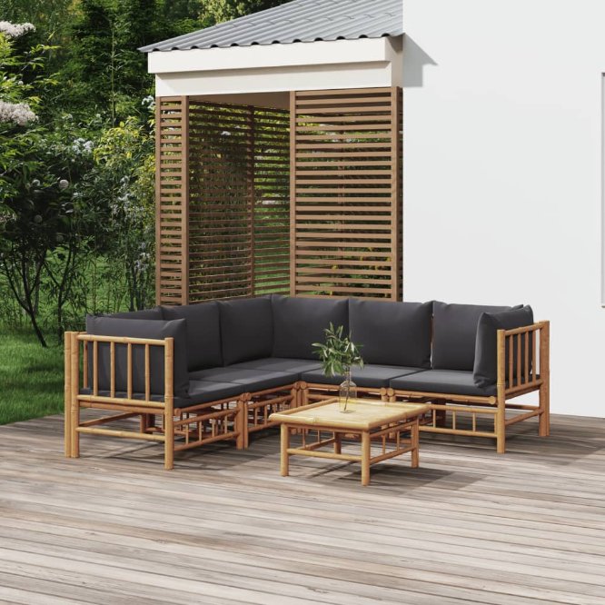 6-tlg. Garten-Lounge-Set mit Cremeweißen Kissen Bambus