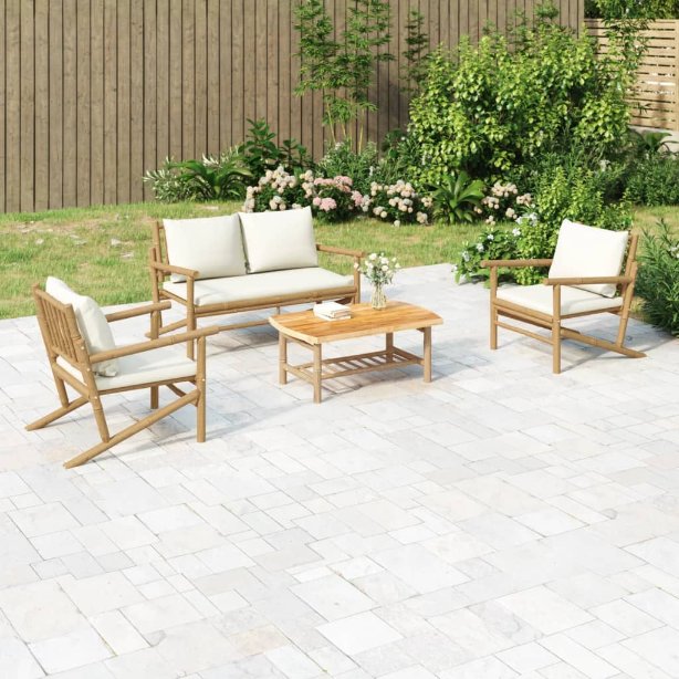 4-tlg. Garten-Lounge-Set mit Dunkelgrauen Kissen Bambus