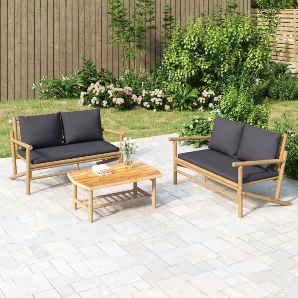 4-tlg. Garten-Lounge-Set mit Dunkelgrauen Kissen Bambus