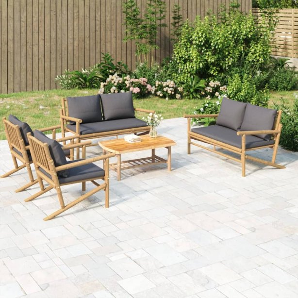 4-tlg. Garten-Lounge-Set mit Dunkelgrauen Kissen Bambus