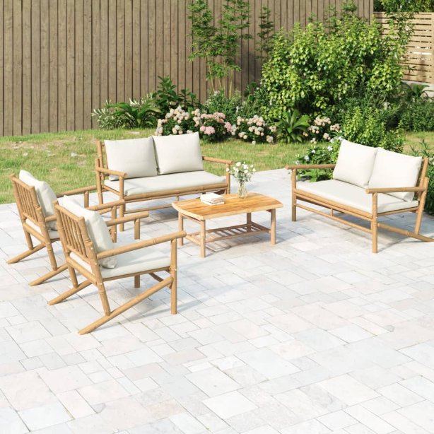4-tlg. Garten-Lounge-Set mit Dunkelgrauen Kissen Bambus