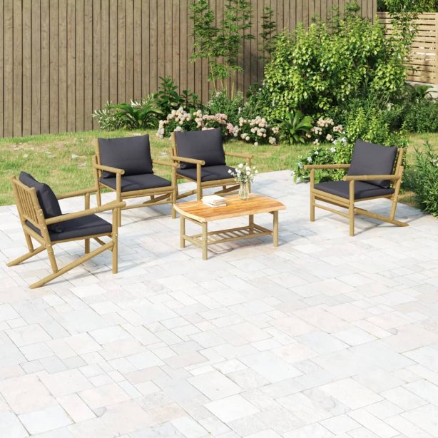 4-tlg. Garten-Lounge-Set mit Dunkelgrauen Kissen Bambus