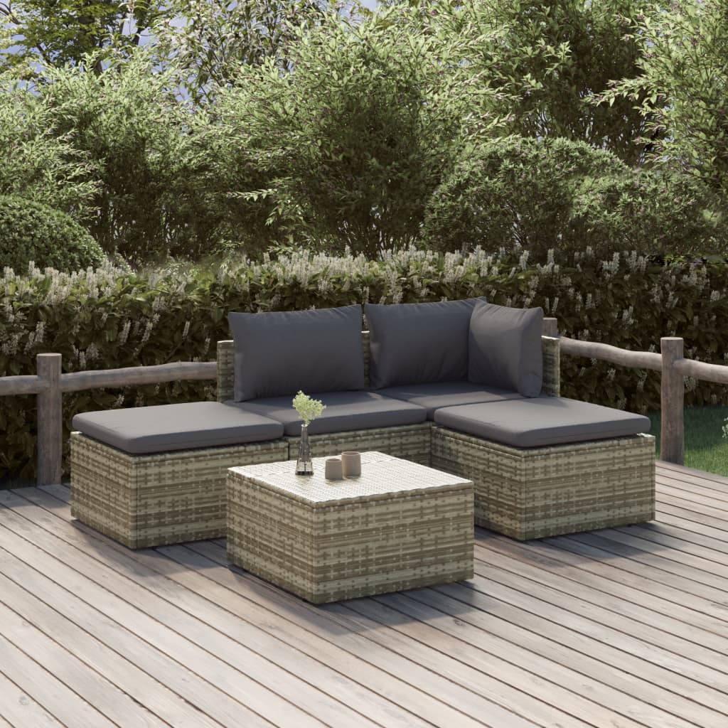 6-tlg. Garten-Lounge-Set mit Kissen Grau Poly Rattan