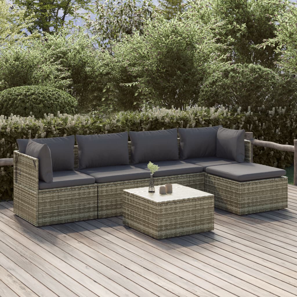 6-tlg. Garten-Lounge-Set mit Kissen Grau Poly Rattan